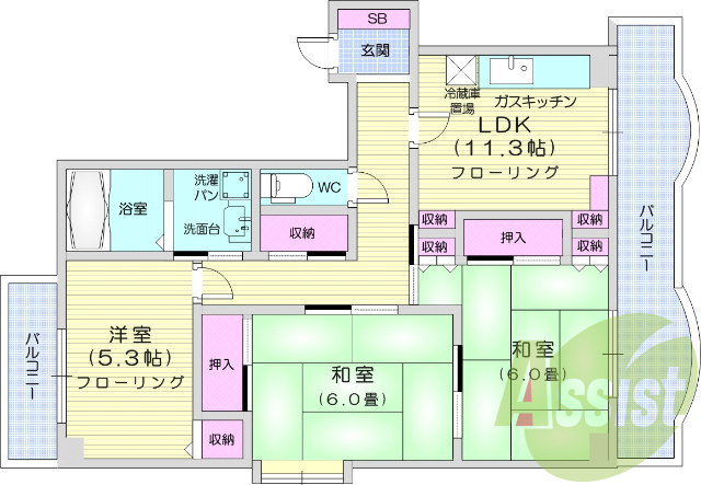 3LDK、角部屋、都市ガス、エアコン2台、ペット猫1匹OK