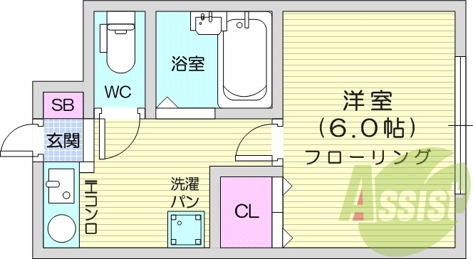 1DK、TVモニターホン、エアコン、フローリング