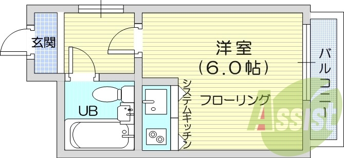 1ルーム・都市ガス・バルコニー・エアコン付き