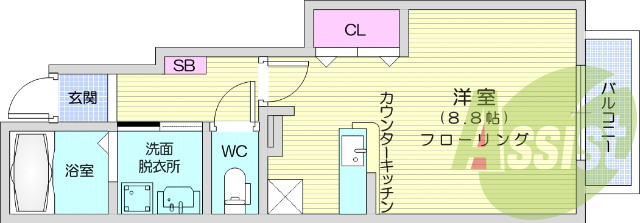 1LDK、浴室乾燥機、バストイレ別、カウンターキッチン