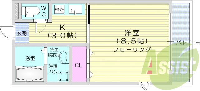 １K、角部屋、南向き、バストイレ別、家電付き、独立洗面台