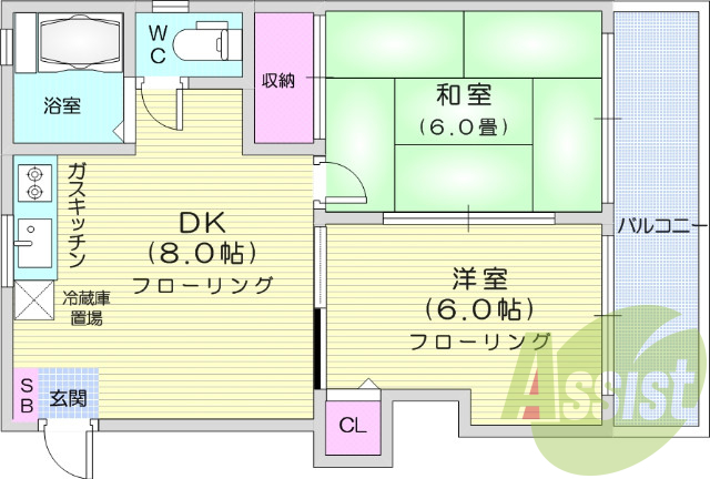 ２DK、南向き、角部屋、バストイレ別、独立洗面所