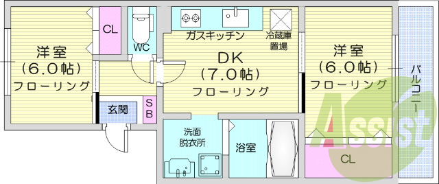 ２DK、バルコニー、洗濯機置き場室内、収納