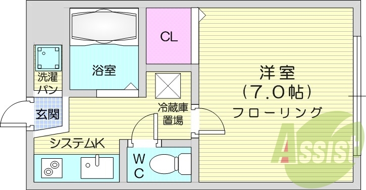 1K、エアコン、TV付モニターイヤホン、室内洗濯機置き場