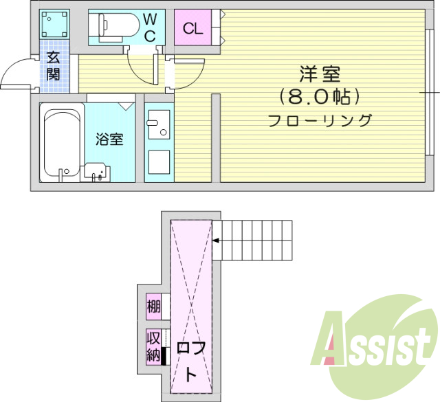 ロフト付き、バス・トイレ別・ウォシュレット付きトイレ