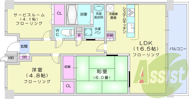 2LDK+S、システムキッチン、追い焚き、独立洗面