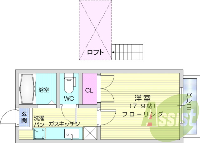 1K、エアコン、ロフト、バストイレ別、クローゼット