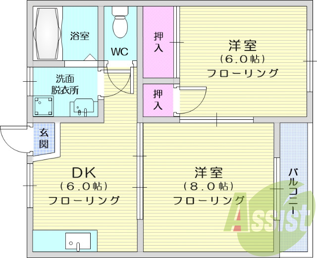 2ＤＫ、インターネット対応、追い焚き給湯、事務所可