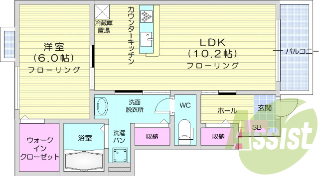 1ＬＤＫ、モニター付きインターホン、バス・トイレ別。
