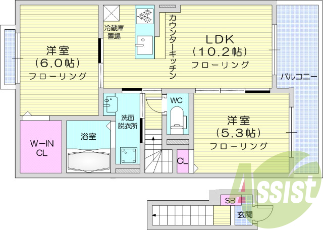 2ＬＤＫ、モニター付きインターホン、バス・トイレ別。