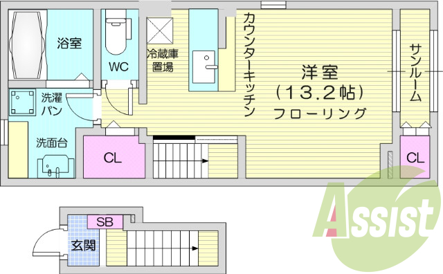 1Ｋ、モニター付きインターフォン、バストイレ別。