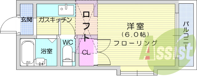 １R、ロフト、バストイレ別、ベルコニー、