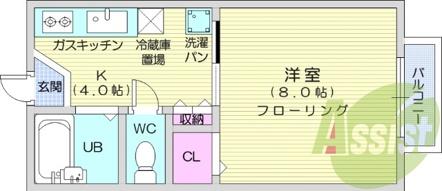 フローリング、都市ガス、エアコン、室内洗濯機置き場あり