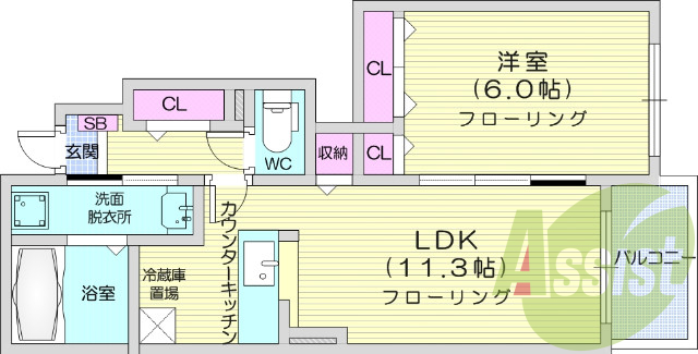 1LDK、モニター付きインターホン、バストイレ別。
