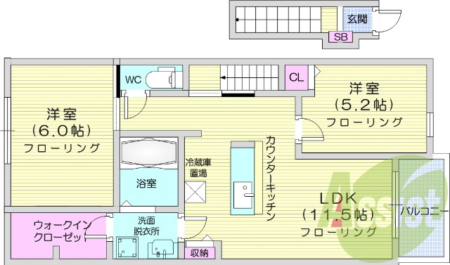 2LDK、モニター付きインターホン、バストイレ別。