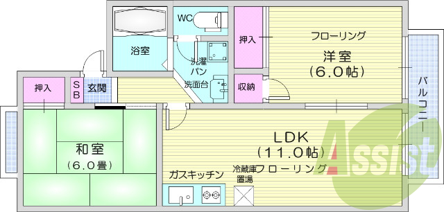 2LDK、給湯、バス・トイレ別、BSアンテナ、和室、洋室