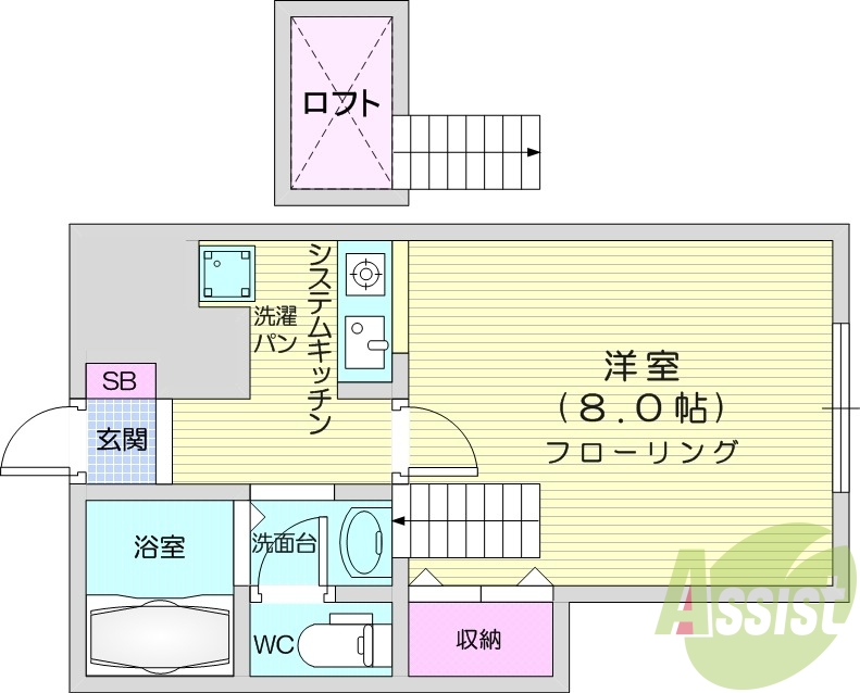 1Ｋ、独立洗面台。202号室は出窓なしタイプです。
