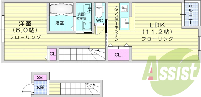 1LDK、カウンターキッチン、独立洗面化粧台、エアコン