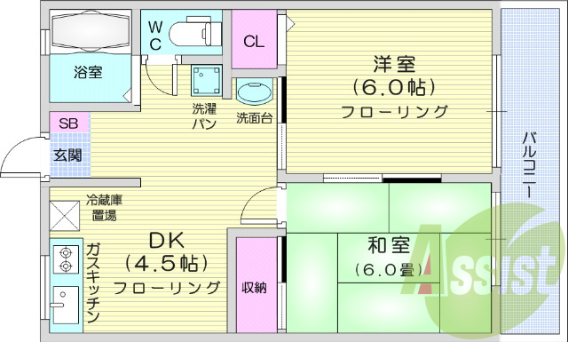 2DK、独立洗面台、ウォシュレット付き、クローゼット