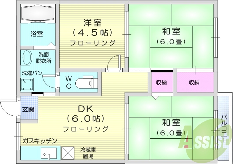 バストイレ別、独立洗面台、室内洗濯機置き場