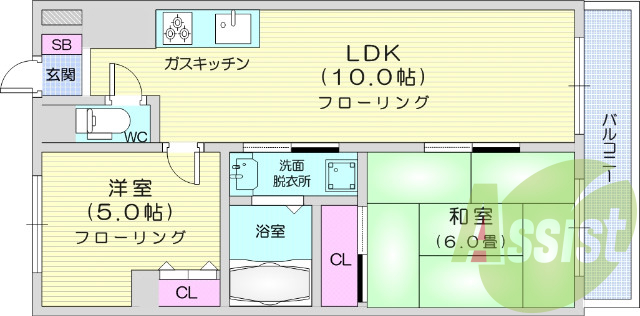 2LDK、エアコン、バストイレ別、オートロック