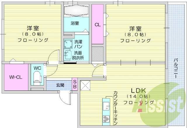 2LDK、フローリング、エアコン、バルコニー