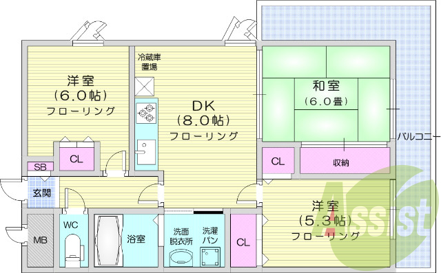 3DK、バストイレ別、都市ガス、独立洗面台。