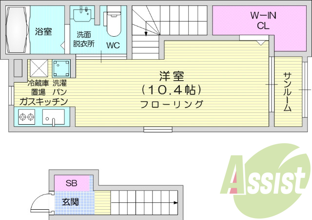 1Ｋ、システムキッチン、サンルーム、独立洗面台