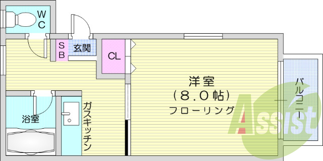 １K、バルコニー、バス・トイレ別、クローゼット
