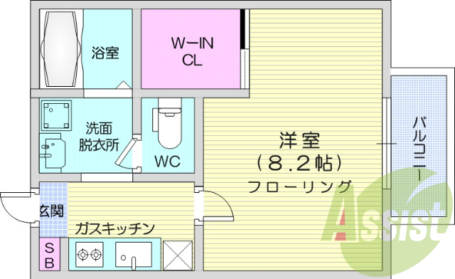 1K、ウォークインクローゼット、フローリング、バストイレ別