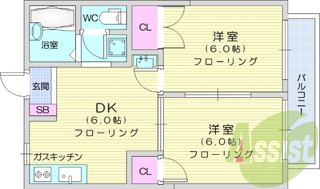 2DK、バス・トイレ別、シャンプードレッサー