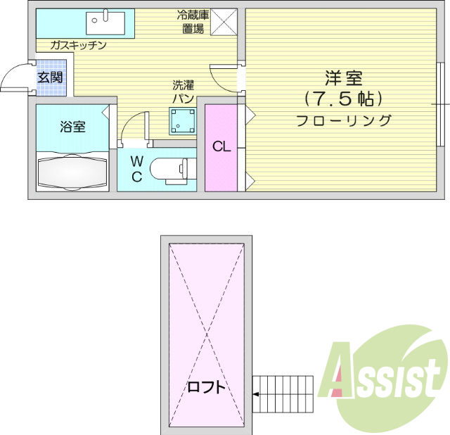 1K、ロフト、バストイレ別、クローゼット