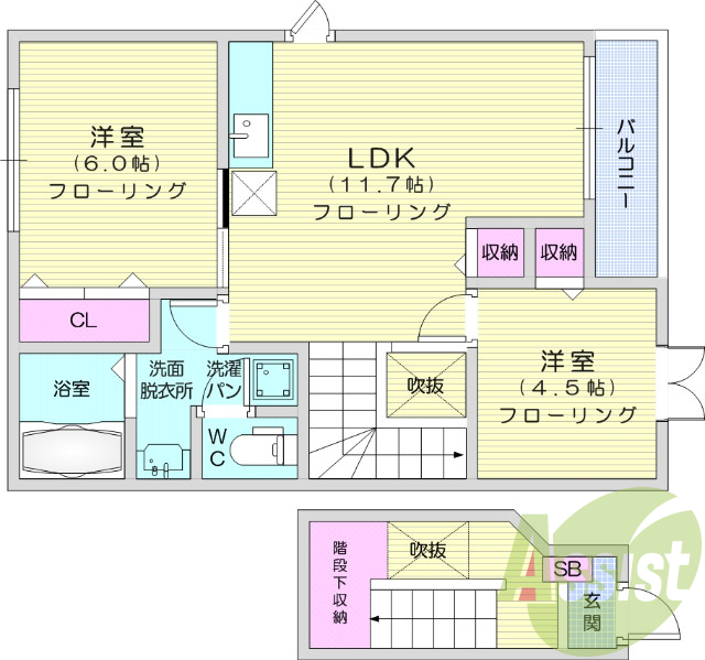 2ＬＤＫ、バルコニー、追い焚き機能、バストイレ別、独立洗面台