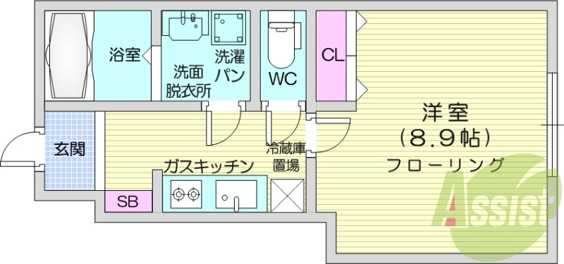 1K、エアコン、バストイレ別、インターネット無料