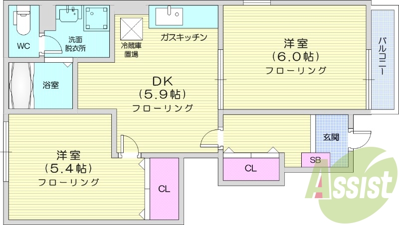2DK、追い焚き機能浴室、バストイレ別、角部屋