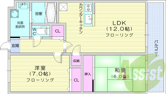 2LDK、独立洗面、エアコン
