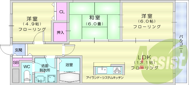 3LDK、オートロック、システムキッチン、洗面化粧台