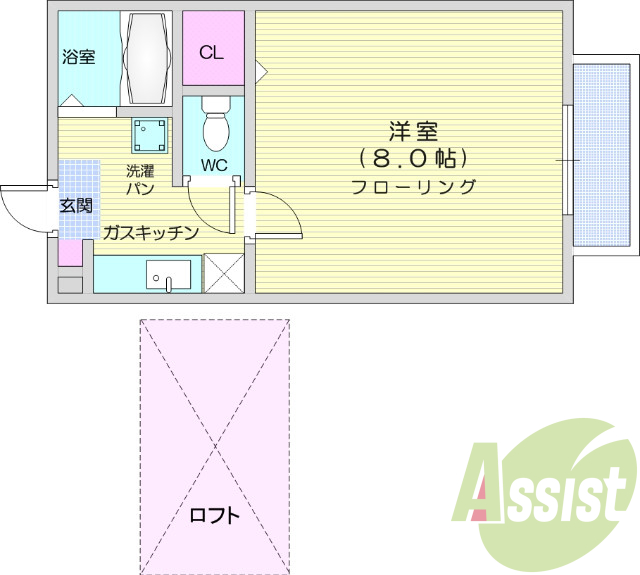 1Ｋ、ロフト付き、バストイレ別、ウォシュレット機能。