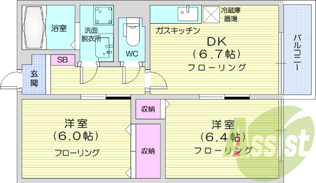 ２DK、追い炊き機能、モニタ付インターホン。