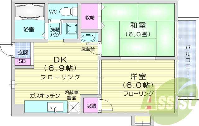 2DK・バス、トイレ別・角部屋・追い焚き機能