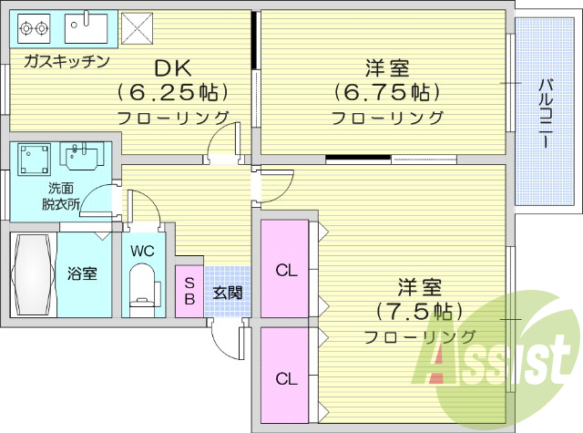 2DK、角部屋、追い焚き、洗髪洗面化粧台、インターホン
