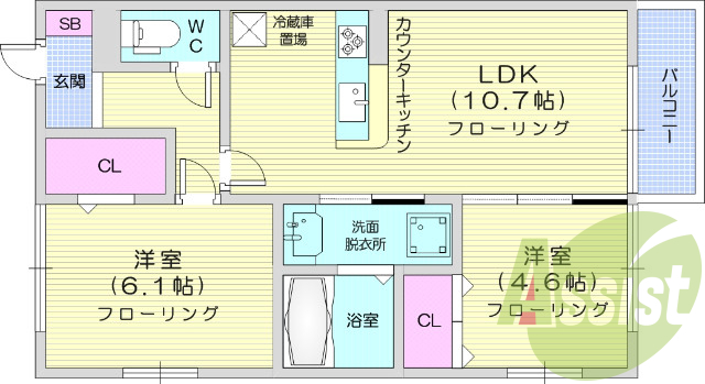 2LDK、エアコン、バストイレ別、一坪風呂