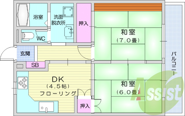二部屋和室・4.5帖DK・バルコニー・押入