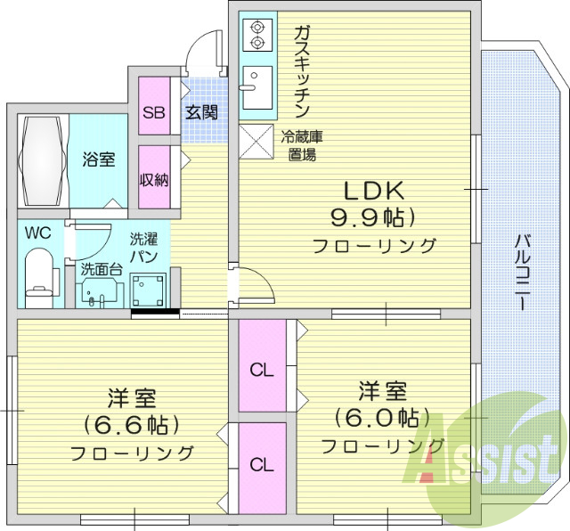 2LDK、エアコン、バストイレ別、独立洗面台