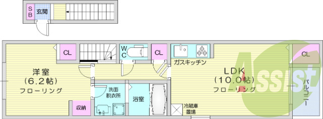 1LDK、バストイレ別、システムキッチン