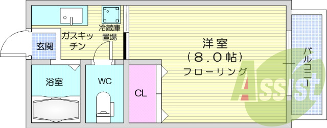 1K、バス・トイレ別、日当たり良好、ガスコンロ設置可。