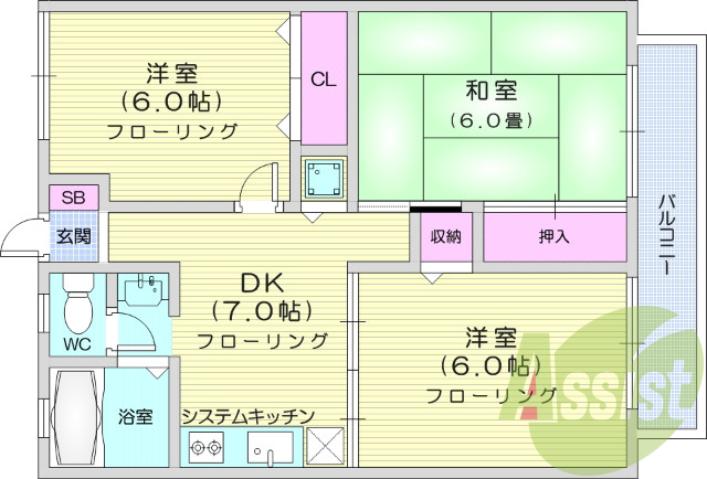 3ＤＫ、システムキッチン、洗面化粧台、エアコン