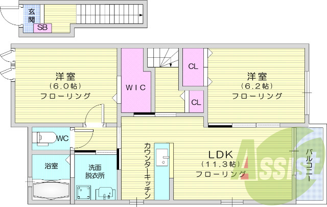 2LDｋ、フローリング、エアコン、ウォークインクローゼット