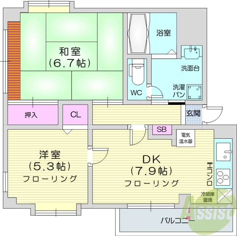 2DK、エアコン、システムキッチン、洗面化粧台