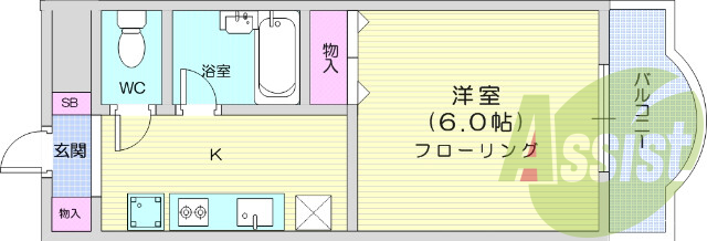 1K、都市ガス、インターネット無料、バス・トイレ別